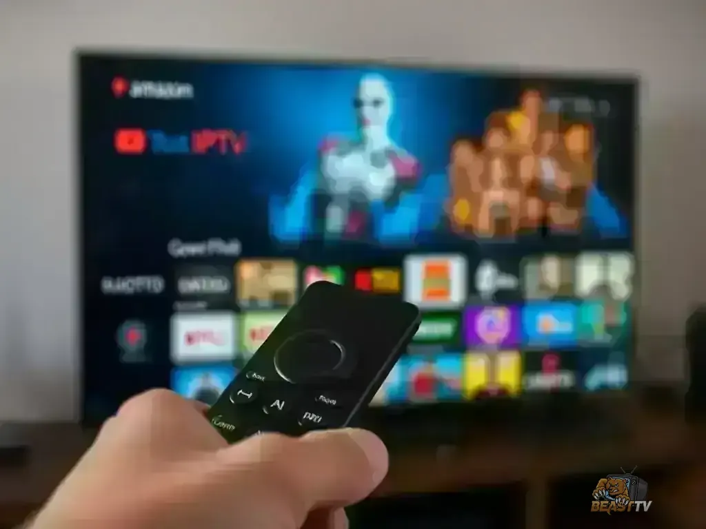Amazon Fire TV remote control pointing to IPTV app interface