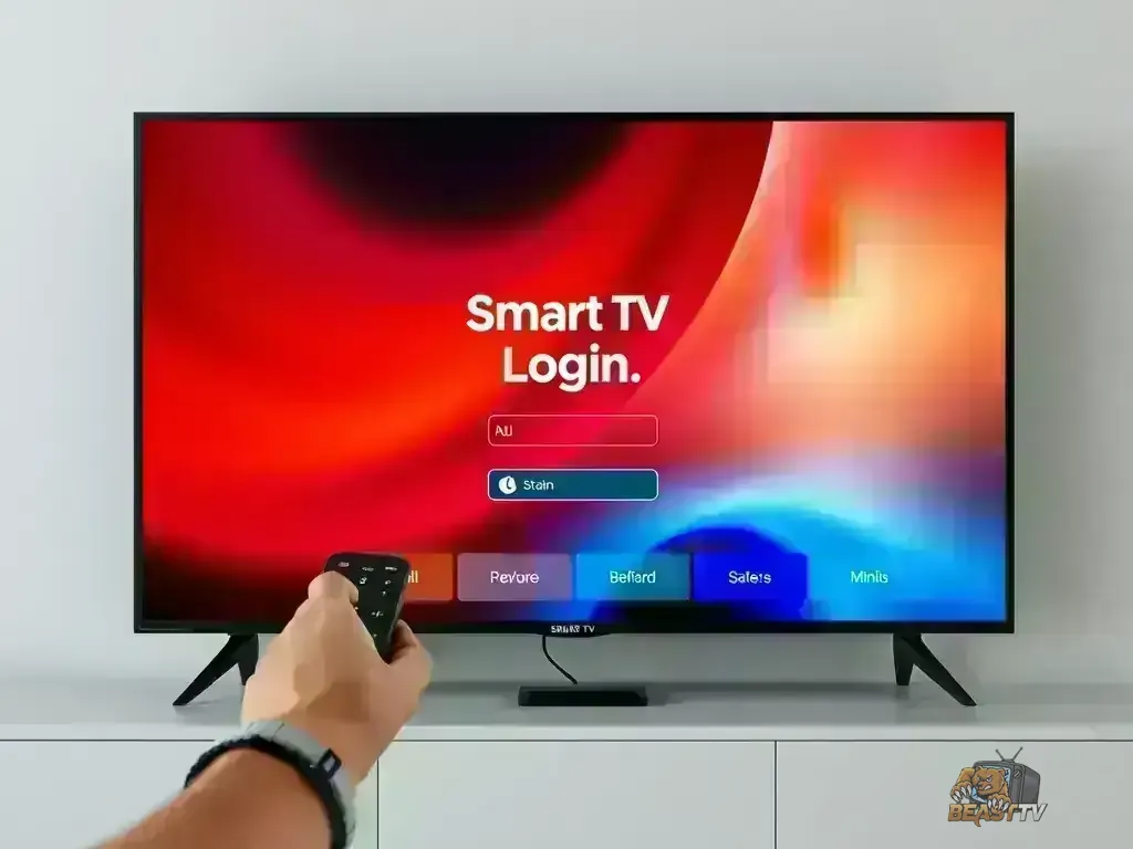 Smart TV login screen with remote control